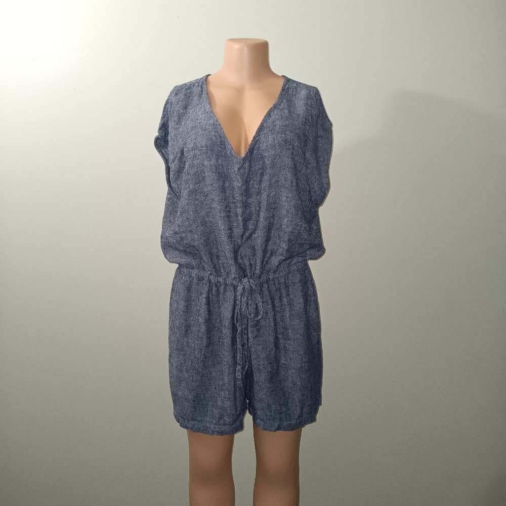 Old Navy Womens Grey V Neck Tie Waist Chambray Romper Size Large